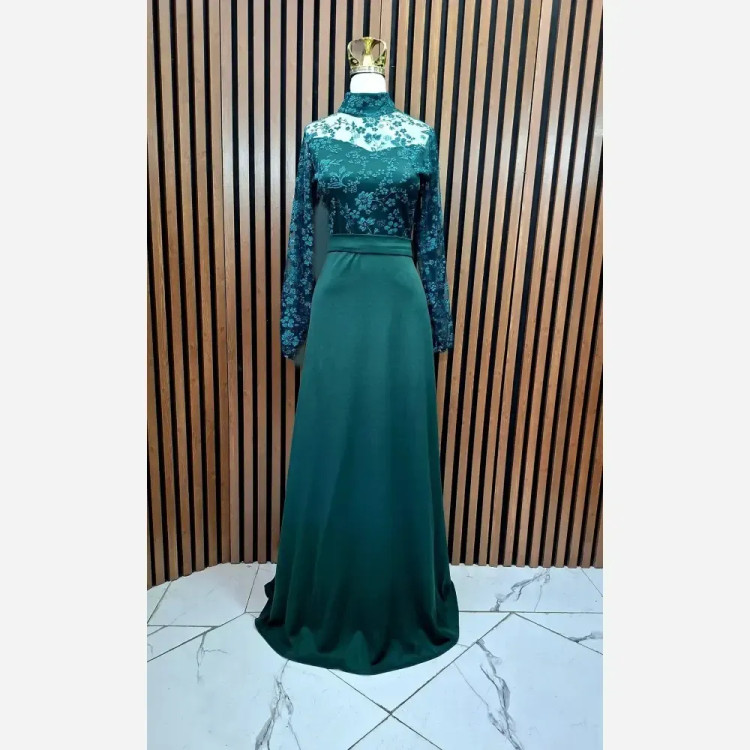 پیراهن مجلسی زنانه حریر شاین و کرپ غواصی کمربنددار مدل مهگل رنگ مشکی و سبز