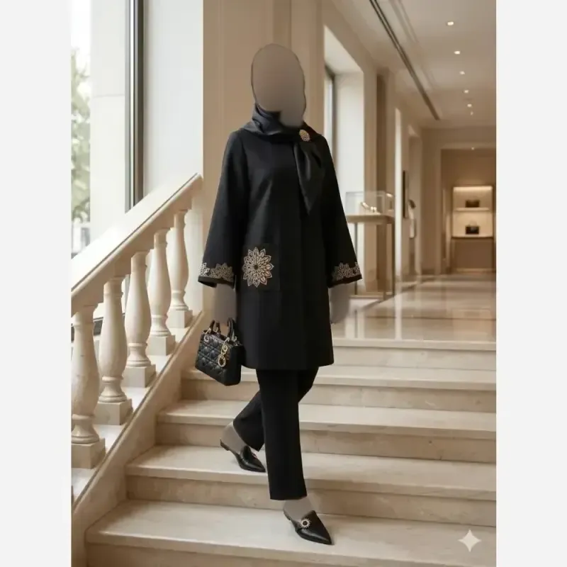 مانتو گلدوزی شده مدل خورشید جنس شانتون اسلپ درجه یک