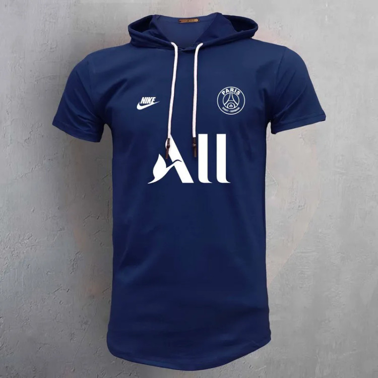 تیشرت کلاه دار مردانه طرح پاریس سرمه ای جنس نخ آستین کوتاه