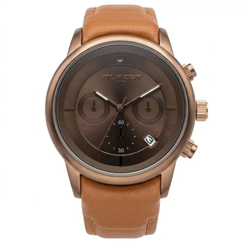 ساعت مچی زنانه بلیزر طرح سه موتور بند چرمی قهوه ای کافی تقویم دار