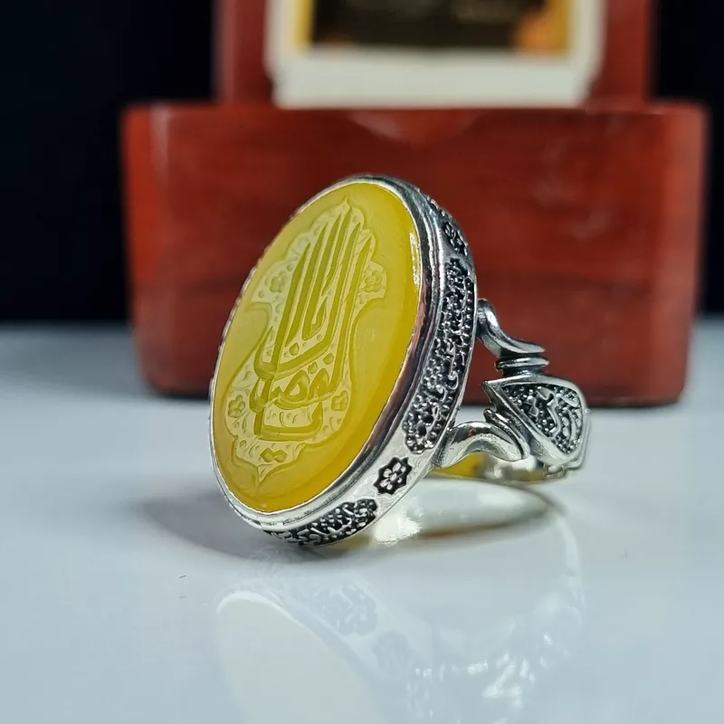 انگشتر نقره مردانه عقیق زرد خطی یا اباالفضل دست ساز