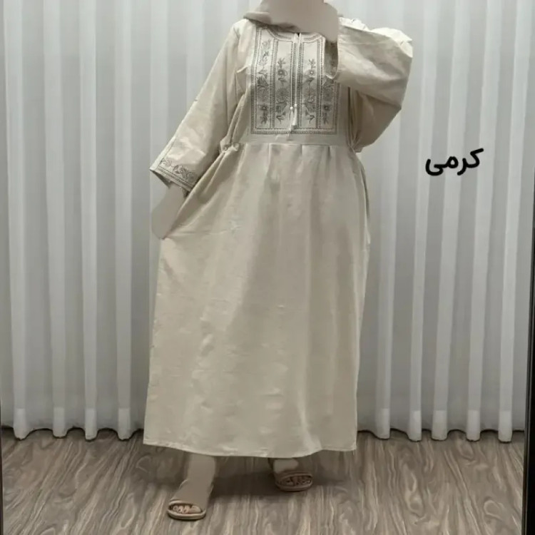 پیراهن لینن گلدوزی مایا کد 1745 فری سایز زنانه چهارفصل تنخور شیک و راحت بدون سایه اندازی و بدن نما